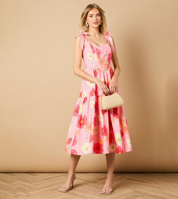 Corset Detail Bow Tie Strap Midi Dress