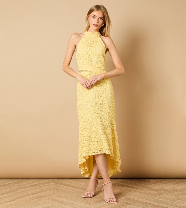 Lace Detail High Low Halterneck Midi Dress