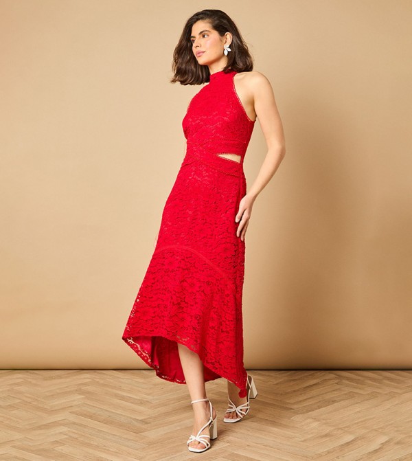 Lace Detail High Low Halterneck Midi Dress