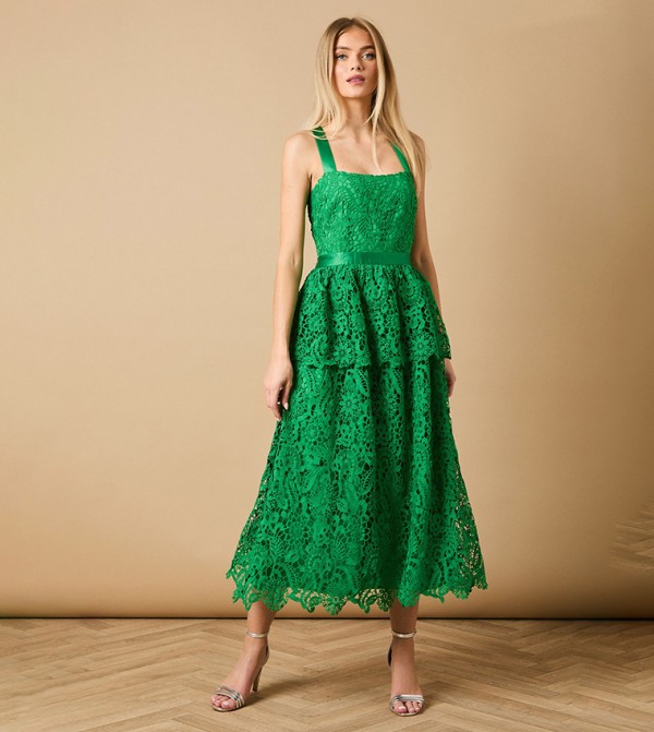 Cross Strap Tiered Lace Midi Dress