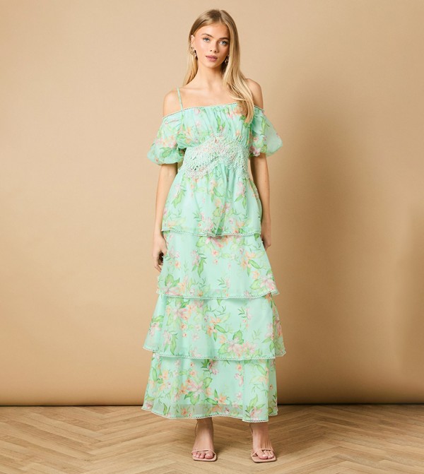 Lace Trim Tiered Off Shoulder Midi Dress