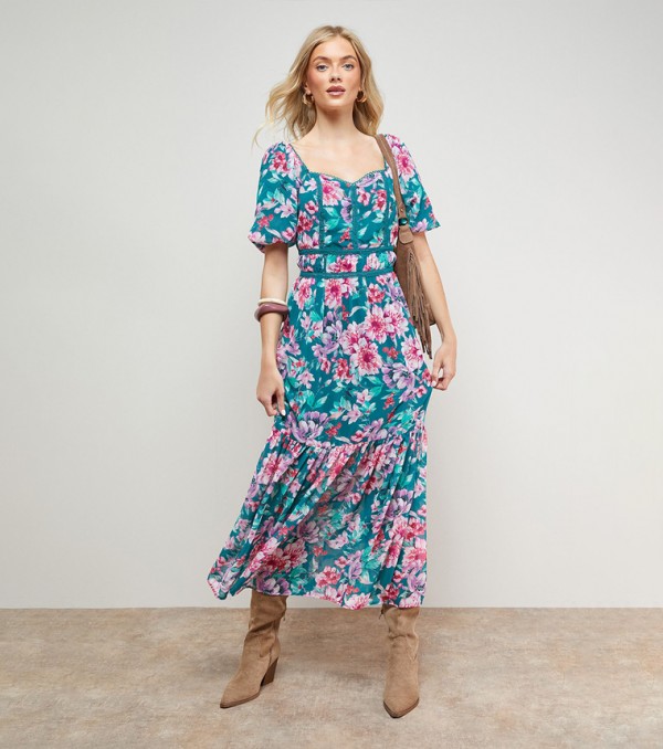Lace Trim Puff Sleeves Midaxi Dress