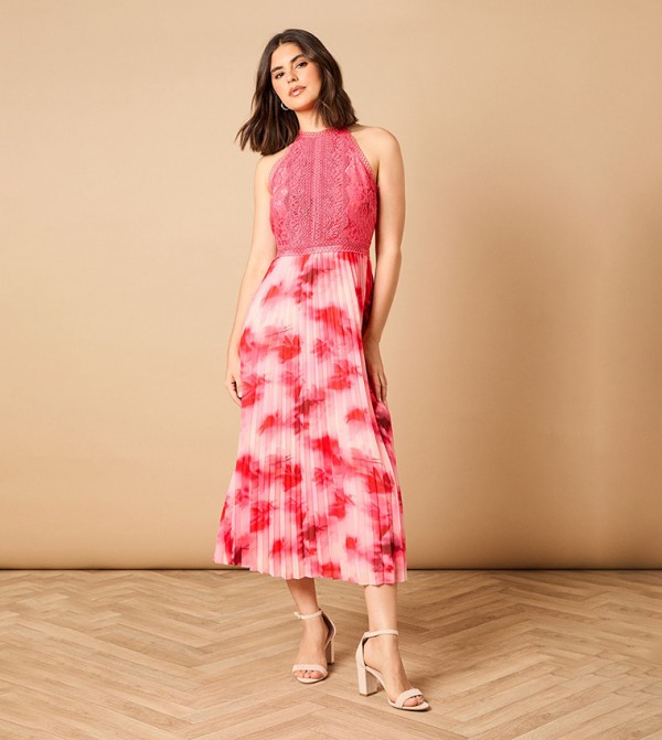 فستان ميدي بياقة هالتر ومزيج دانتيل بطبعة