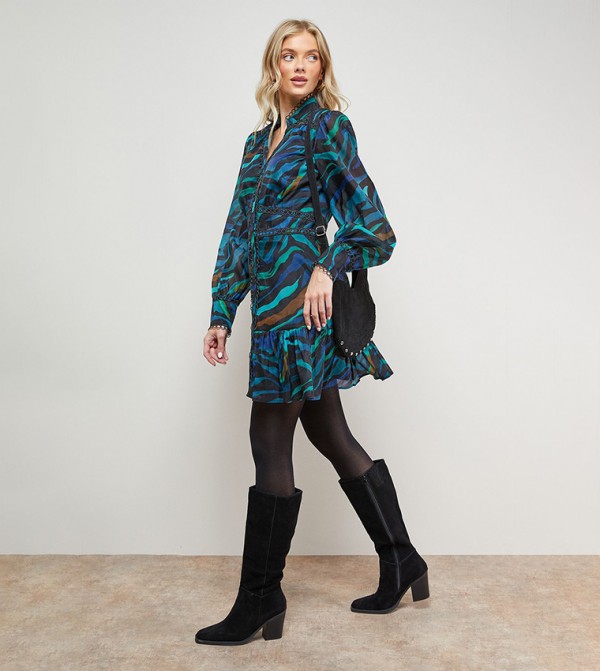 Printed Lace Trim Shirt Mini Dress