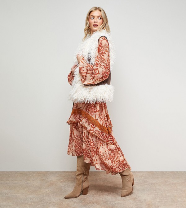 Printed Lace Detail Volume Midi Dress