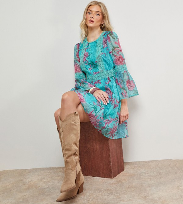 Patterned Lace Trim Flared Sleeves Mini Dress