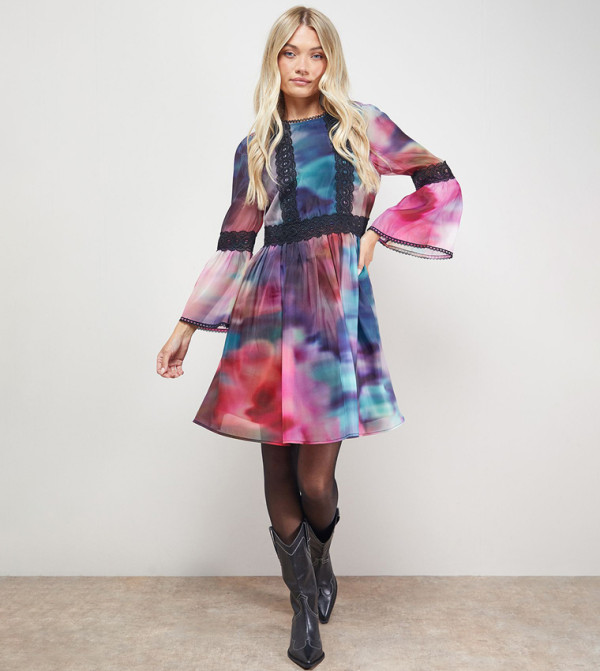 Patterned Lace Trim Flared Sleeves Mini Dress