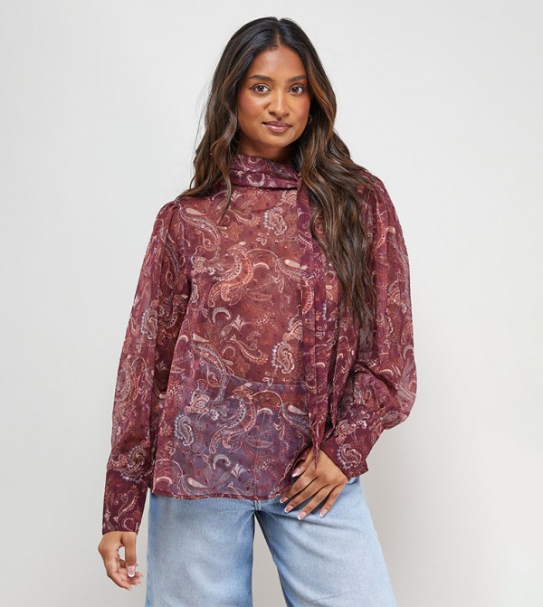 Printed Pussy Bow Long Sleeves Top