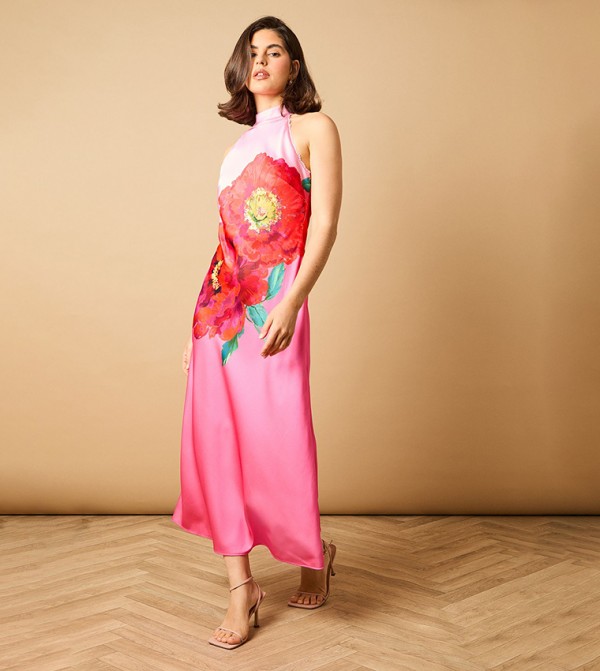 Placement Printed Bias Halterneck Slip Dress