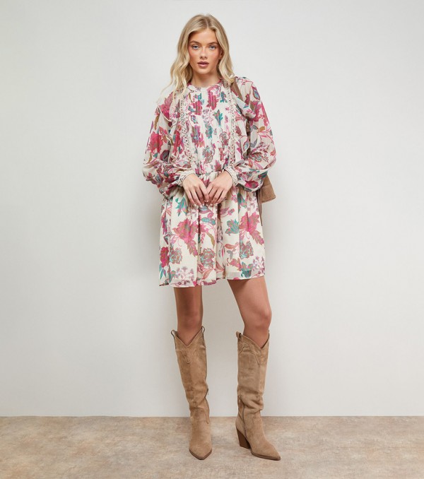 Printed Frill Detail Chiffon Mini Dress
