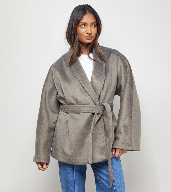 Wrap Detail Belted Long Sleeves Coat