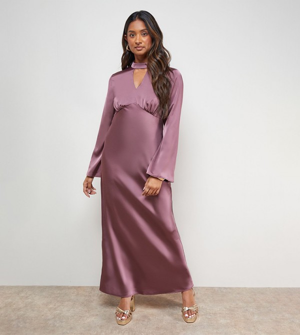 Satin Cut-Out Flare Sleeves Bias Midi Dress