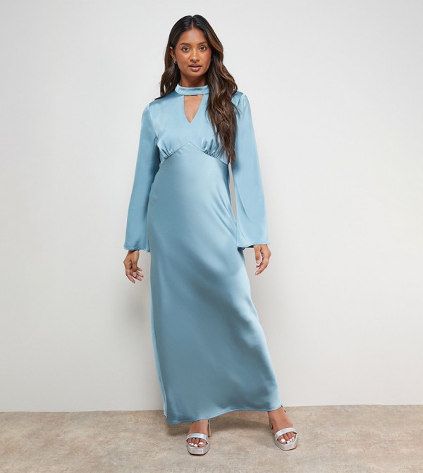 Satin Cut-Out Flare Sleeves Bias Midi Dress