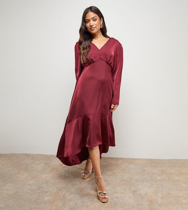 Petite Satin Puff Sleeves V-Neck High Low Hem Midi Dress