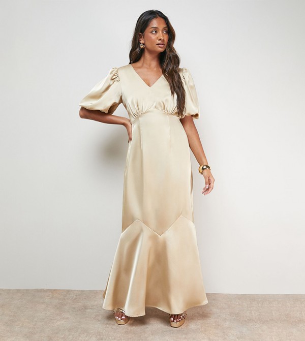 Satin Puff Sleeves V-Neck Fishtail Maxi Dress