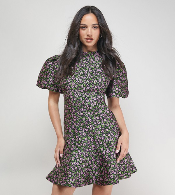 Floral Jacquard High Neck Puff Sleeves Peplum Mini Dress