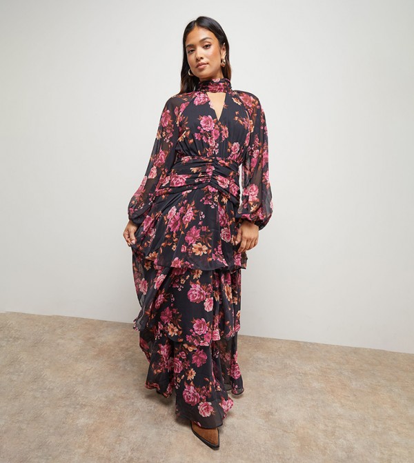 Petite Printed Ruffle Tiered High Neck Maxi Dress
