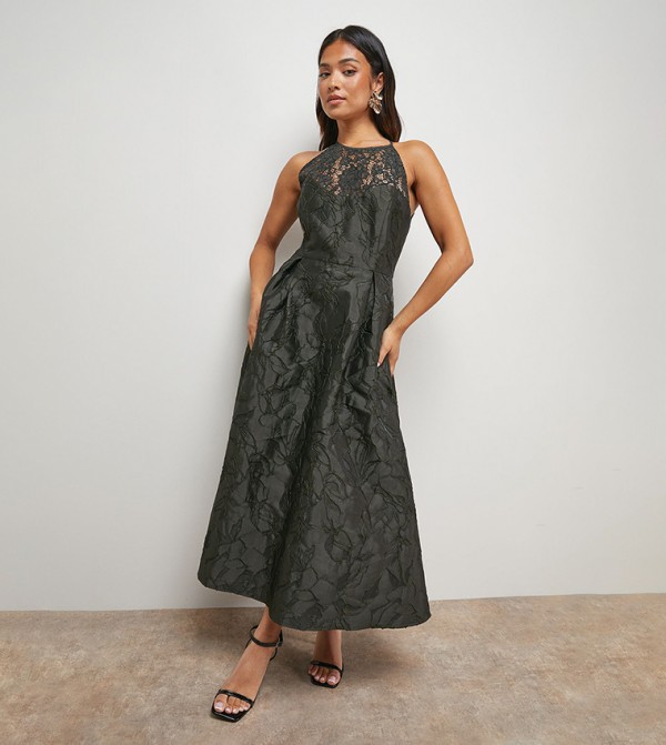 Petite Lace Yoke Jacquard Prom Midi Dress