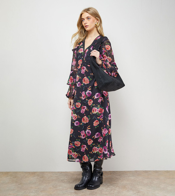 Printed Trim Detail Frill Shoulder Midi Dress