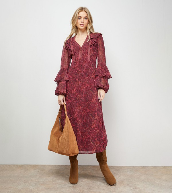 Printed Trim Detail Frill Shoulder Midi Dress