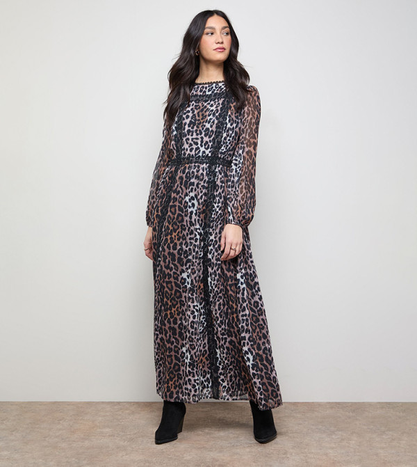 Animal Printed Lace Trim Long Sleeves Maxi Dress