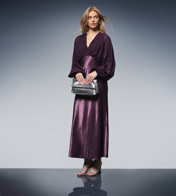 Balloon Sleeves V-Neck Satin Chiffon Mix Midaxi Party Dress