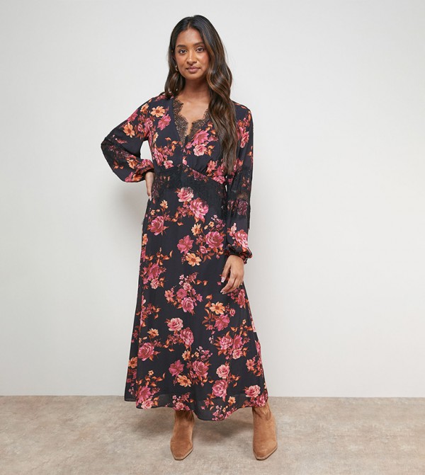 Printed Lace Insert Bias Maxi Dress