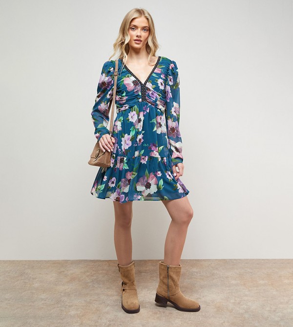 Printed Statement Shoulder Ruched Mini Dress