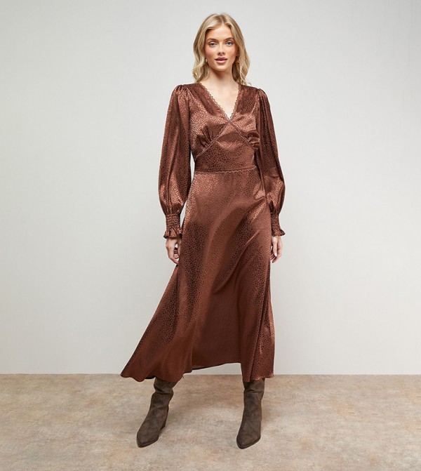 Solid Jacquard Satin Midi Dress