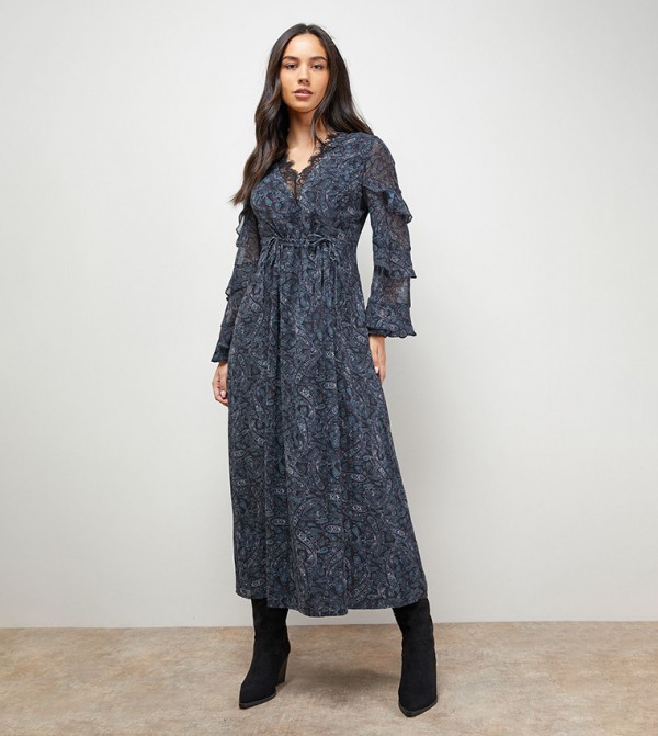 Printed Lace Detail Frill Sleeves Midi Dress