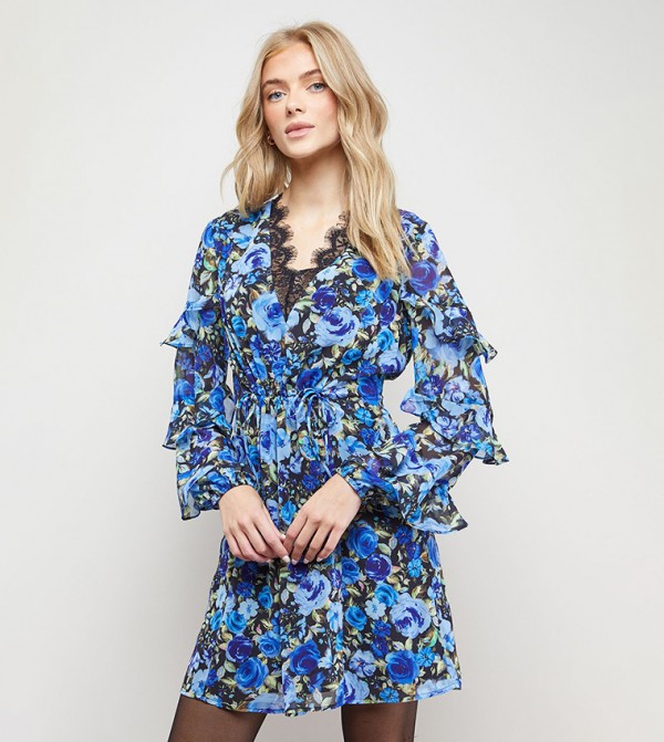 Printed Lace Detail Frill Sleeves Mini Dress