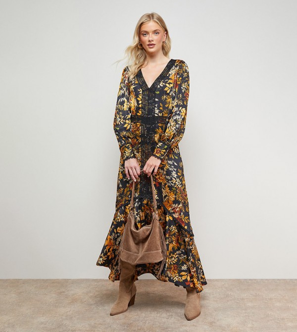 Printed Lace Trim Detail High Low Hem Midi Dress