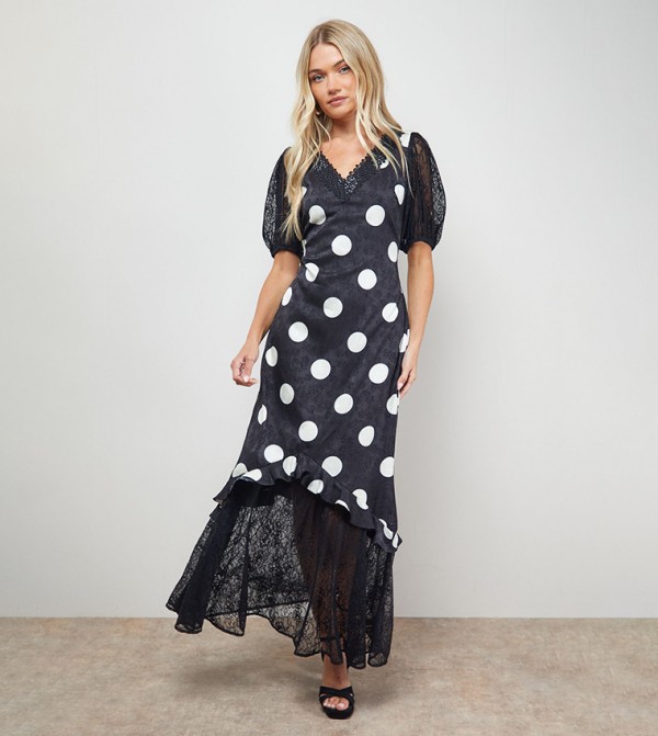 Polka Dots Lace Frill Detail Puff Sleeves Midi Dress