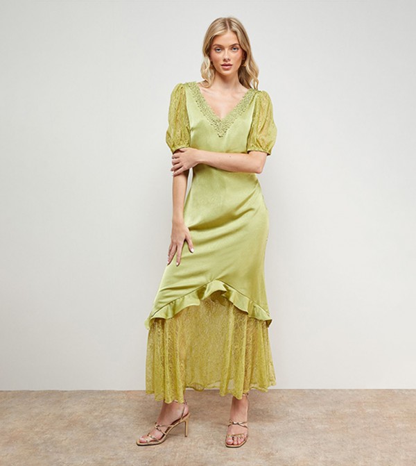 Solid Lace Frill Detail Puff Sleeves Midi Dress