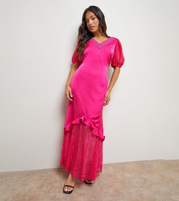 Petite Plain Lace Frill Detail Puff Sleeves Maxi Dress
