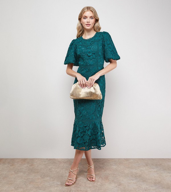 Lace Trim Detail Puff Sleeves Peplum Midi Dress