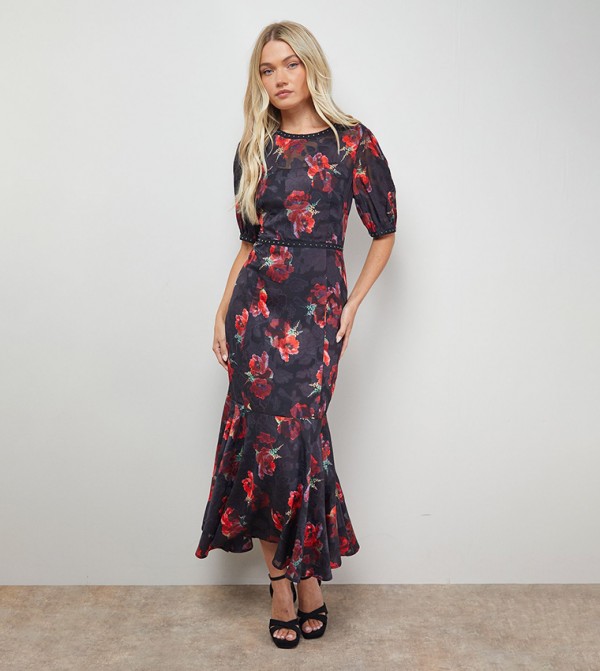 Printed Jacquard Stud Trim Detail Puff Sleeves Midi Dress