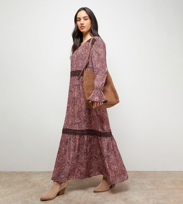 Printed Lace Detail Chiffon V-Neck Midaxi Dress