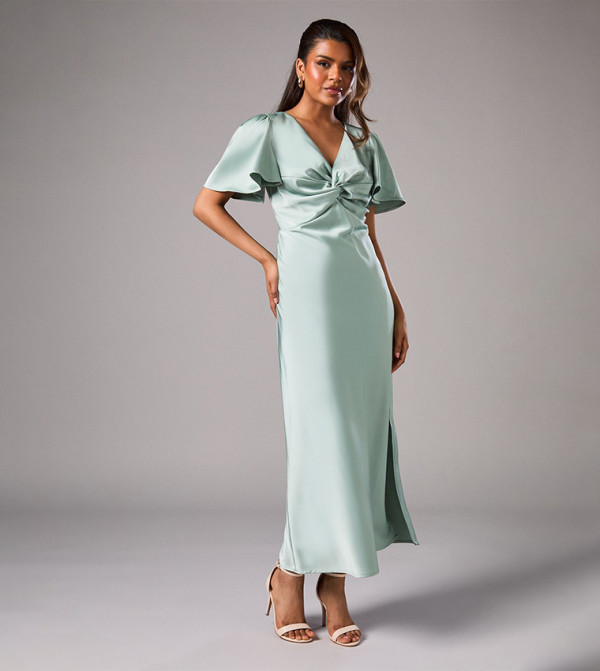 Petite Satin Twist Angel Sleeves Bridesmaids Maxi Dress