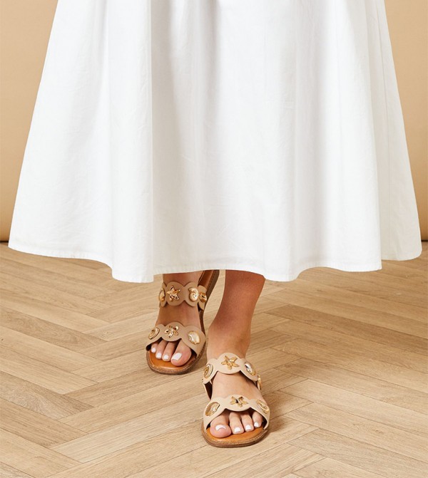 Sundial Faux Leather Shell Trim Double Strap Slide Sandals