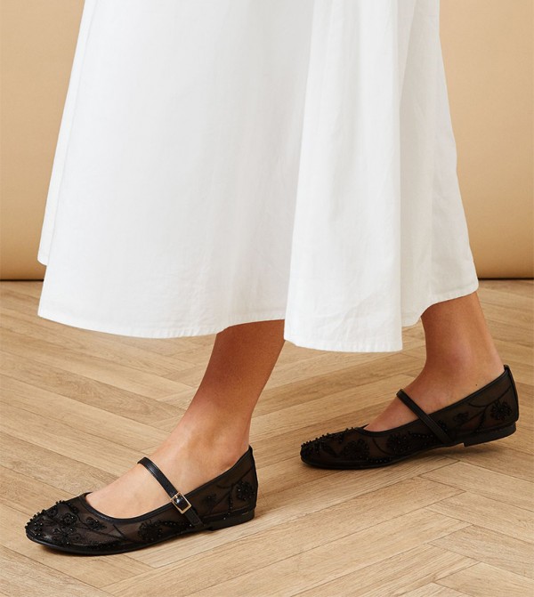 Perth Faux Leather and Mesh Embroidered Mary Jane Shoes