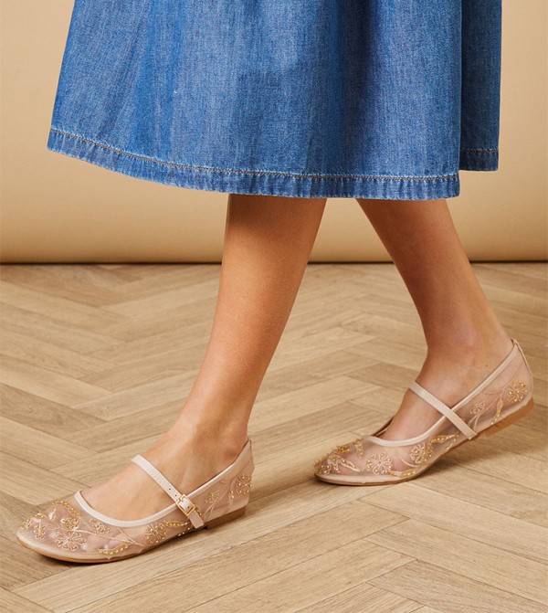 Perth Faux Leather and Mesh Embroidered Mary Jane Shoes