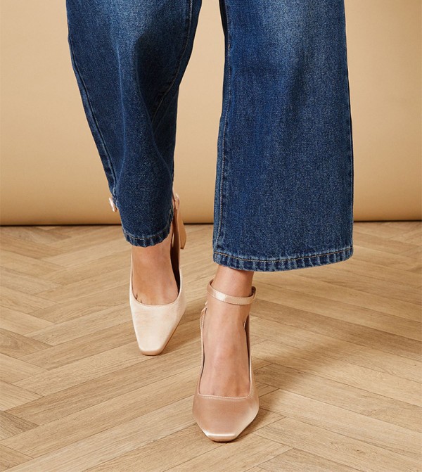 Dita Satin Square Toe Ankle Strap Block Heel Pumps