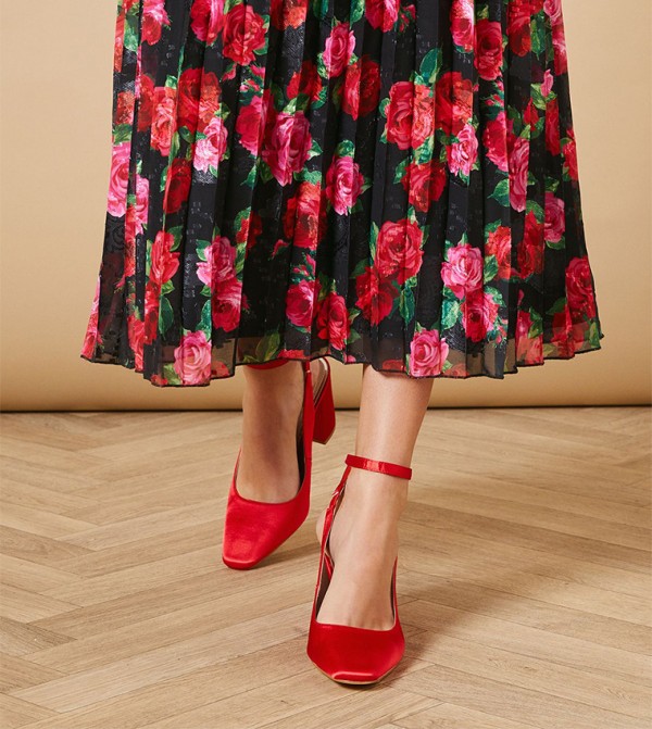 Dita Satin Square Toe Ankle Strap Block Heel Pumps