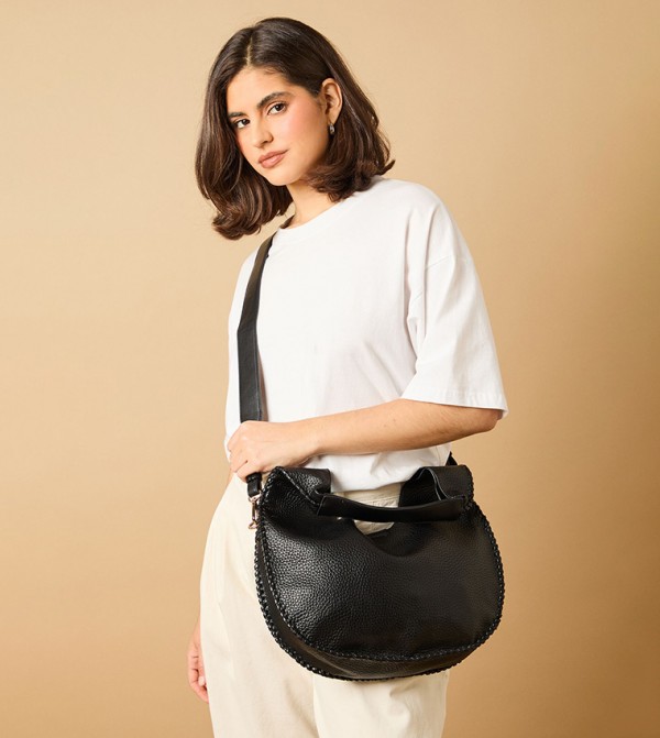 Faux Leather Whipstitch Detail Slouch Shoulder Bag