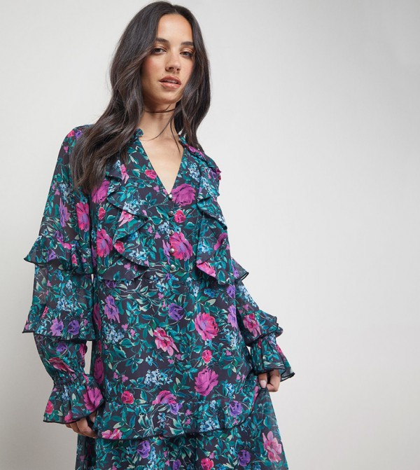 Printed Boho Ruffled Button Down Mini Dress