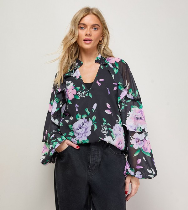 Floral Balloon Sleeves Boho Top