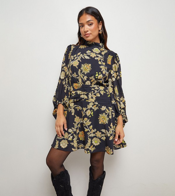 Petite High Neck Gathered Waist Long Sleeves Mini Dress