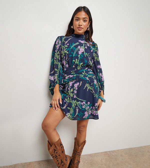 Petite High Neck Gathered Waist Balloon Sleeves Mini Dress