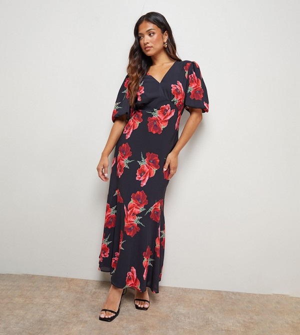 Petite Printed Chiffon Puff Sleeves Fishtail Midaxi Dress